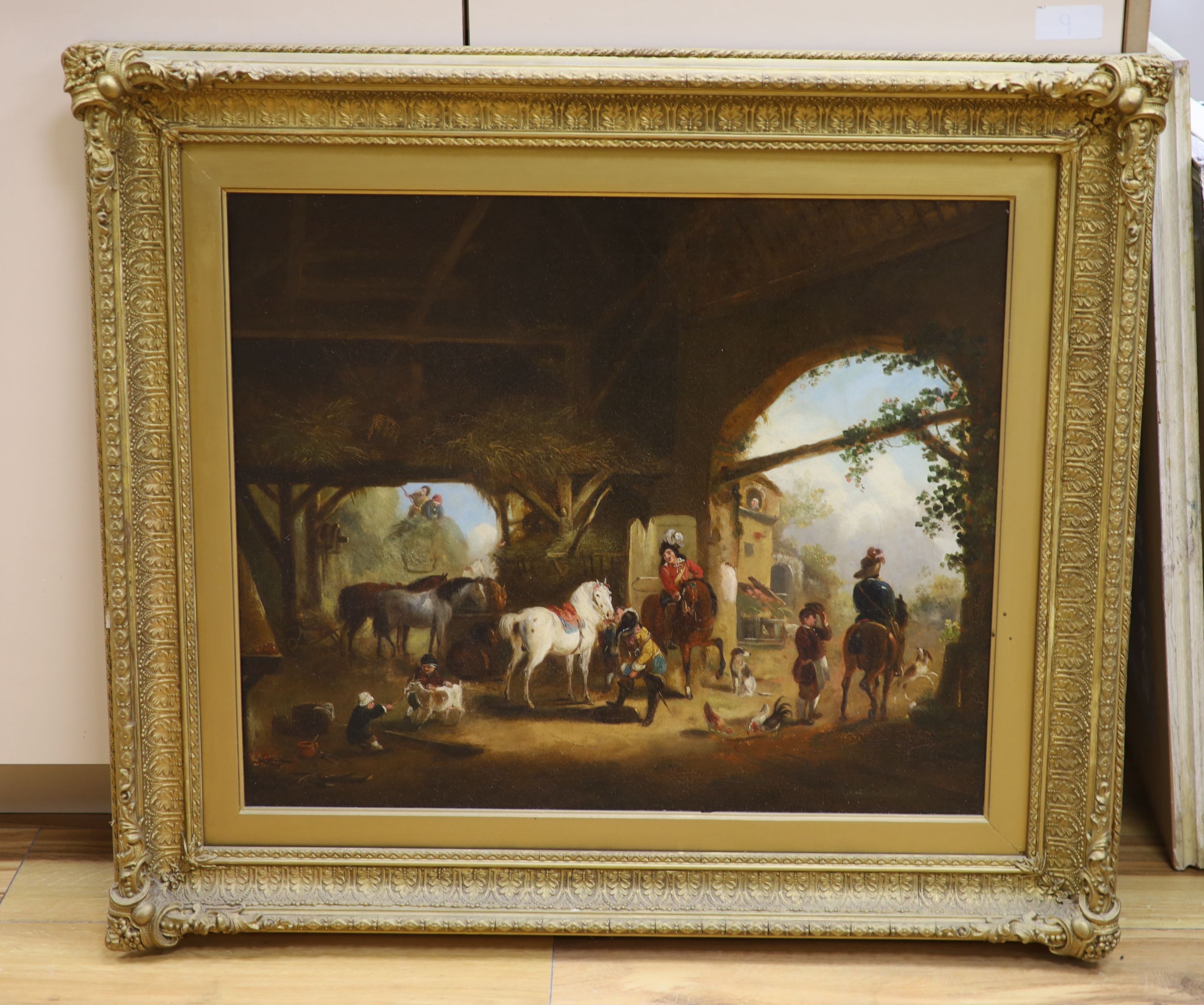 After Wouwermans, oil on canvas, Hawking party in a stables, 50 x 60cm
